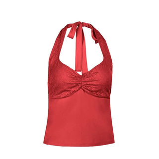 Halter self tie lace v neck ruched backless top