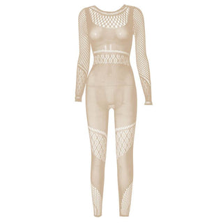 Hollow out solid fishnet long sleeve jumpsuit