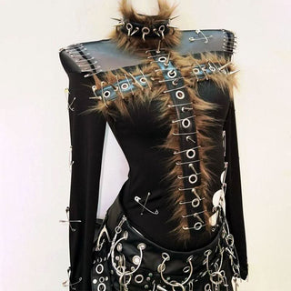 Long sleeve fluffy hollow out rivet applique cut out top