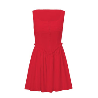 Button ruffle square neck ruched bustier tank mini dress-final-sale