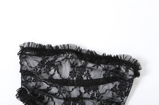 Lace ruffle solid slit hollow out backless tube cut out midi dress
