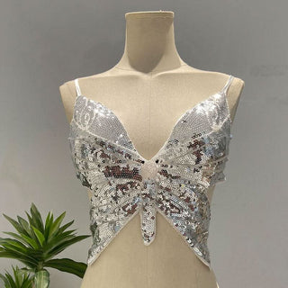 Deep V neck glitter cross back self tie cami top