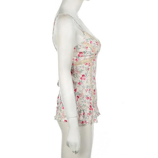 Print v neck lace hem ruffle knotted cami top