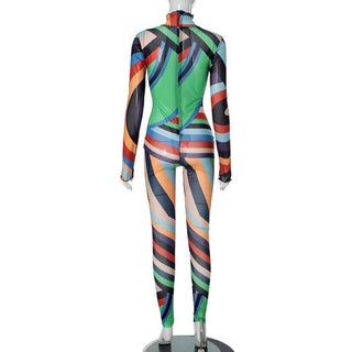 High neck long sleeve ruffle sheer mesh print jumpsuit