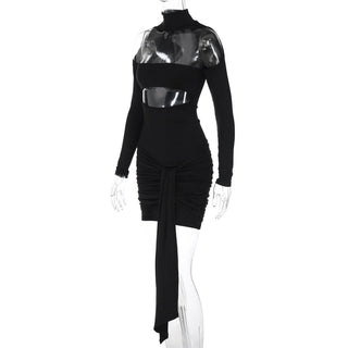 High neck long sleeve ruched hollow out cut out mini dress