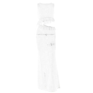 Crewneck hollow out lace ruched see through cut out maxi dress