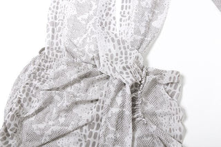 Snakeskin print halter sheer mesh irregular ruched mini dress