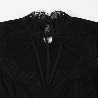 Long sleeve lace hem hollow out bodysuit