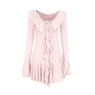 Long flared sleeve ruffle self tie mini dress