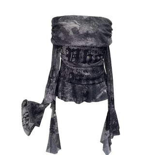 Long sleeve mesh print off shoulder ruched top