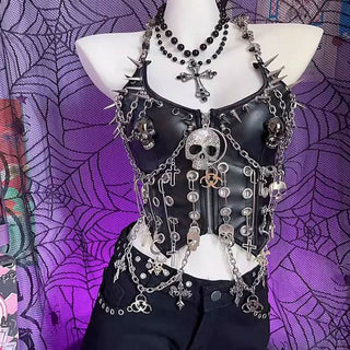 Halter metal chain PU leather skull applique zip-up top