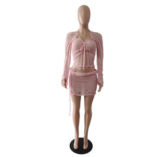 Glitter knitted long sleeve hollow out 3 piece mini skirt set