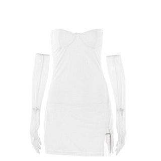 Textured mesh gloves sweetheart neck zip-up slit cami mini dress