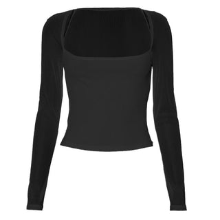 Long sleeve square neck ribbed patchwork top