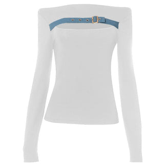 Long sleeve off shoulder buckle hollow out contrast cut out top