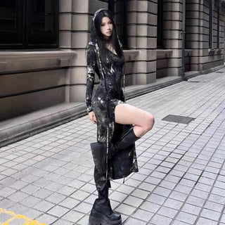 Long sleeve slit tie dye v neck maxi dress