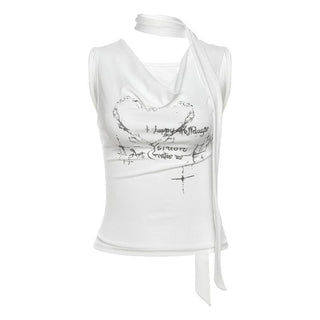 Cowl neck letter print sleeveless contrast crop top