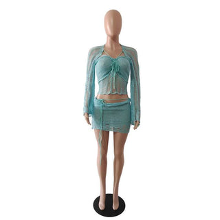 Glitter knitted long sleeve hollow out 3 piece mini skirt set