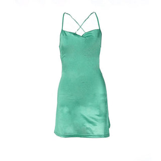 Cross back solid satin cowl neck lace up self tie backless mini dress