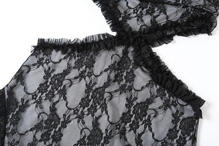Lace ruffle solid slit hollow out backless tube cut out midi dress