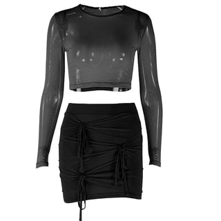Long sleeve mesh see through knotted mini skirt set