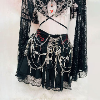 Long sleeve lace butterfly pattern metal chain mini skirt set