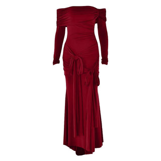 Off shoulder long sleeve ruched self tie maxi dress