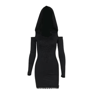 Hoodie long sleeve lace hem embroidery hollow out cut out mini dress