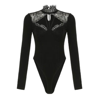 Long sleeve lace hem hollow out bodysuit