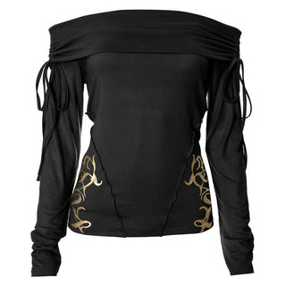 Long sleeve off shoulder ruched self tie stitch top