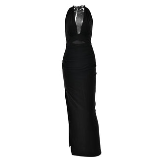 Halter deep v neck slit backless ruched maxi dress