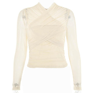 Cross front ruched mesh long sleeve solid top