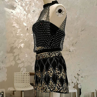 Crewneck hollow out see through beaded button cut out top