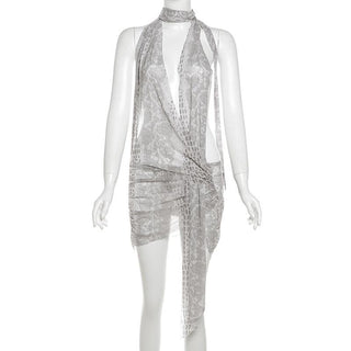 Snakeskin print halter sheer mesh irregular ruched mini dress