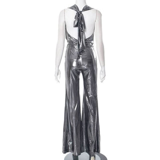 Metallic ruched halter self tie cowl neck jumpsuit