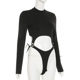 High neck long sleeve hollow out self tie bodysuit