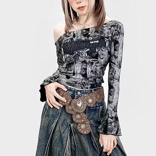 Long flared sleeve irregular tie dye one shoulder top