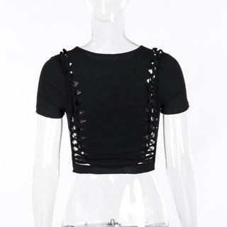 Short sleeve crewneck beaded hollow out cut out top