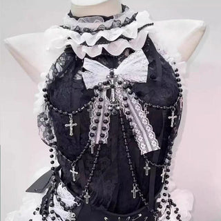 Bowknot beaded ruffle halter ruched mini skirt set