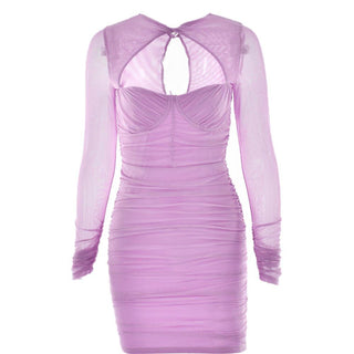Hollow out ruched mesh long sleeve zip-up button cut out mini dress