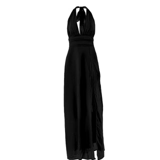 Halter deep v neck ruched high slit maxi dress