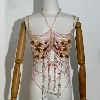 Beaded halter metal chain hollow out cami cut out top