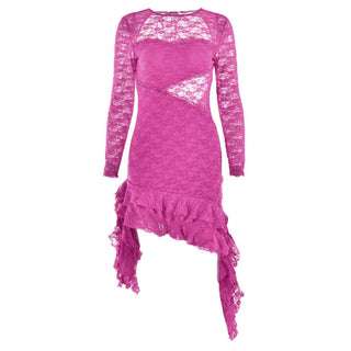 Lace backless solid ruffle long sleeve irregular mini dress - Final Sale