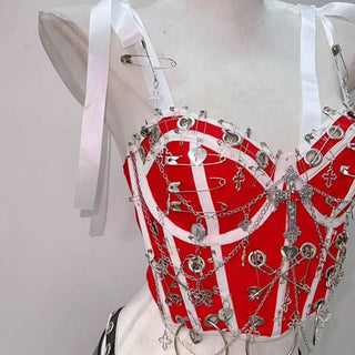 Ribbon self tie v neck hollow out metal chain o ring cut out top