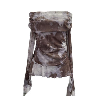 Long sleeve mesh print off shoulder ruched top