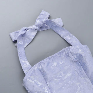 Halter smocked ruched square neck print mini dress