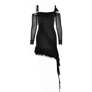 Ruffle self tie irregular off shoulder mesh long sleeve mini dress