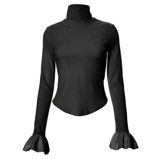 High neck long flared sleeve ruched ribbed solid top