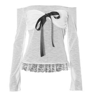 Off shoulder bowknot lace hem mesh long sleeve top