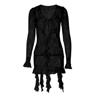 Long flared sleeve ruffle lace see through mini dress